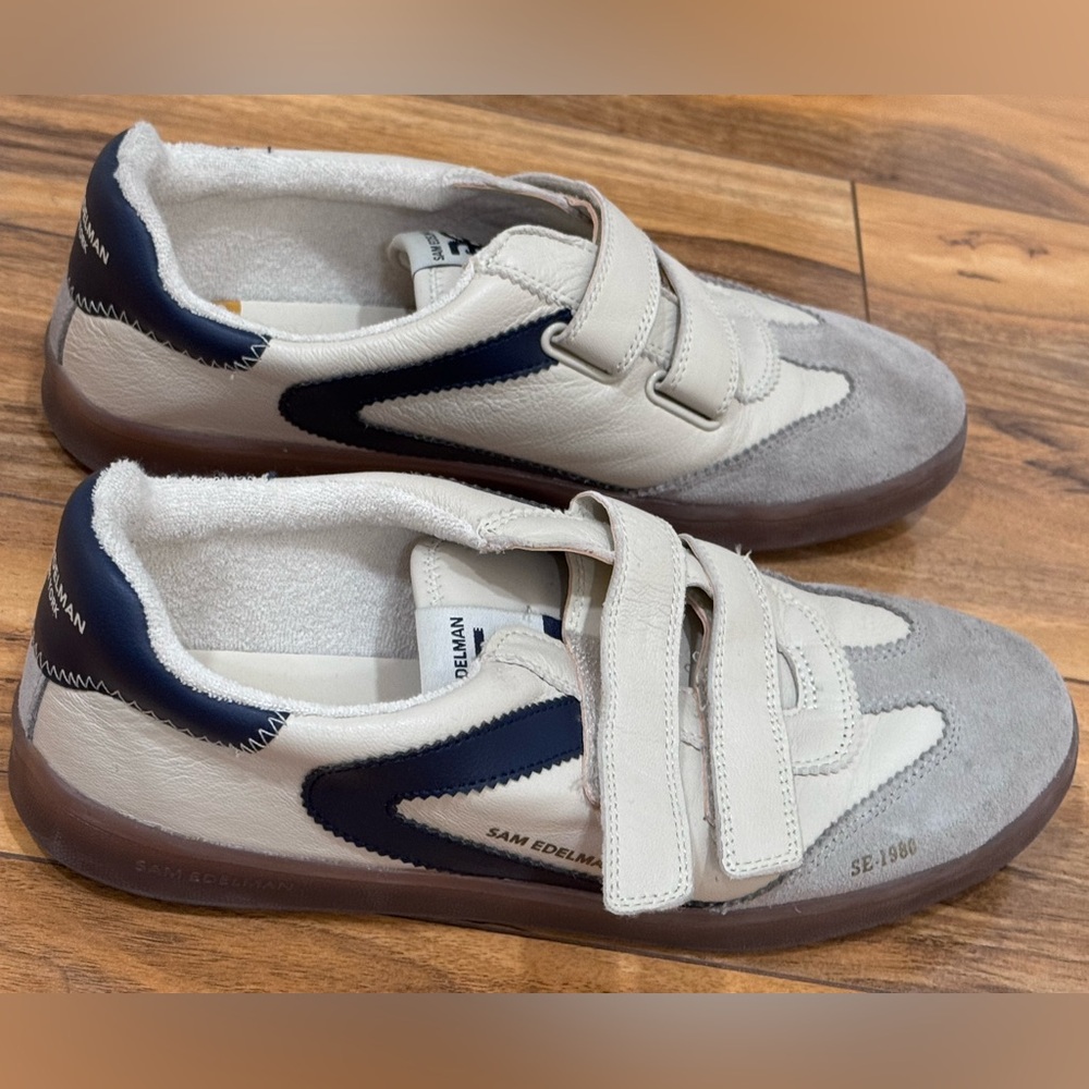 Sam Edelman Cream and Navy Velcro Sneakers